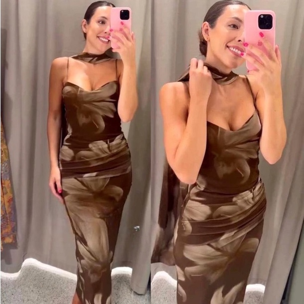 🆕(NWT) ZARA Bloggers Fav Tulle Print Midi Dress with Foulard Scarf. Size MEDIUM - Picture 2 of 15
